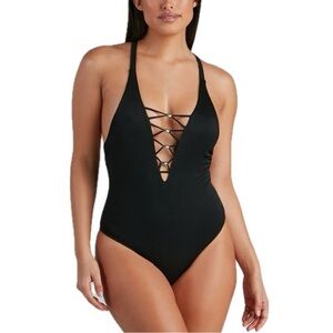 YMI Ribbed Lace-Up One Piece Swimsuit | Medium | NWT | Black Deep V Plunge